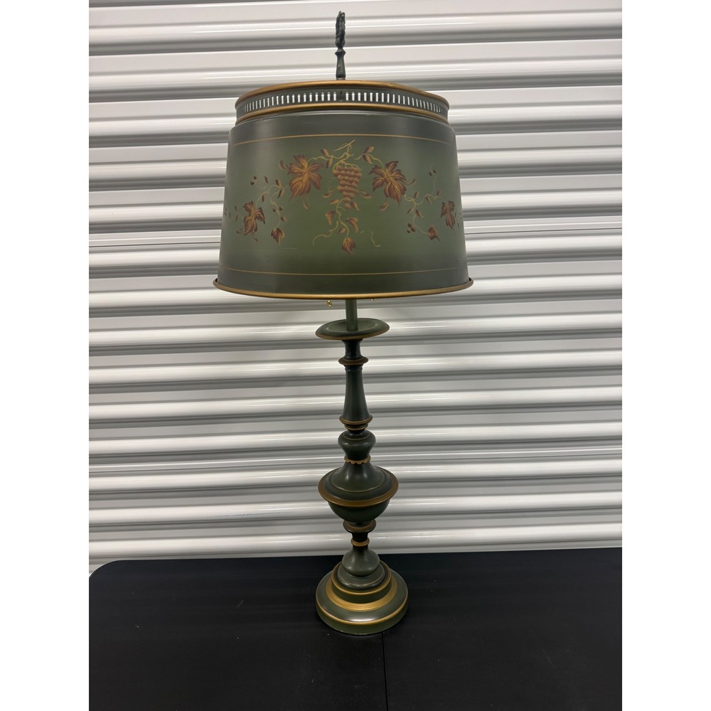 Vintage Toleware Style Table Lamp Green Gold Hand Painted Grapes Dual Pull Chain